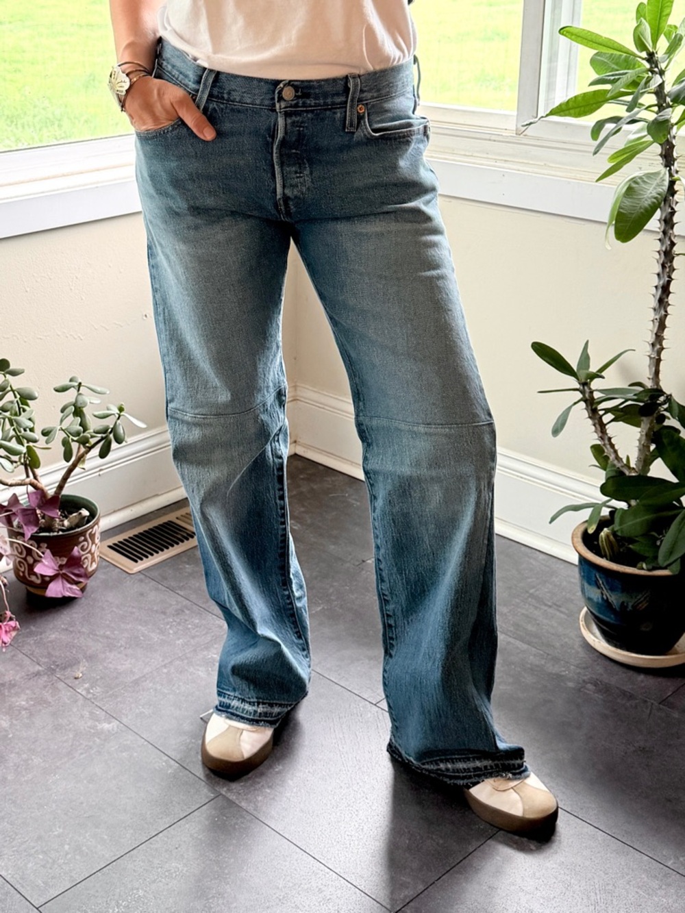 Upcycled Levi’s 501 button fly jeans wide leg patchwork flared panels 30 x 32